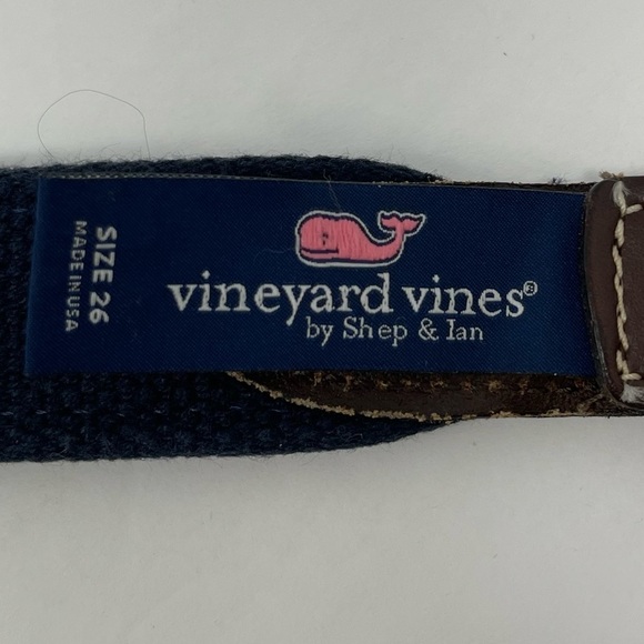 Vineyard Vines Belt Mens 26 Blue White Surcingle Waves Brown Leather Made in USA - Picture 4 of 10